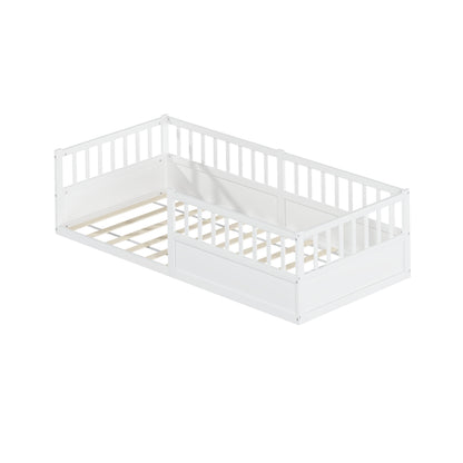 Solid Wood Montessori Floor Bed with Safety Railing and Slatted Frame