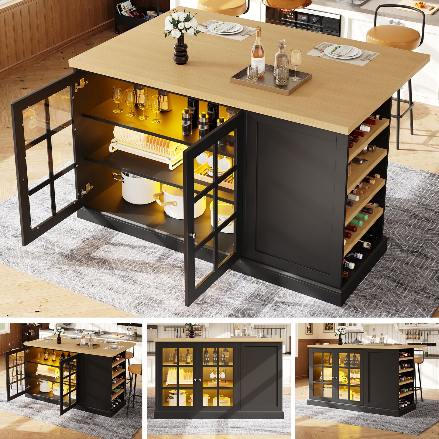 Gigab2b original image - Multifunktionaler klappbarer Bartisch Kücheninsel mit Smart LED Farblicht, schräges Weinregal & Aufbewahrungsschublade, platzsparend für kleine Wohnungen, USB-Betrieb