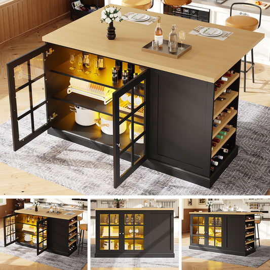 Gigab2b original image - Multifunktionaler klappbarer Bartisch Kücheninsel mit Smart LED Farblicht, schräges Weinregal & Aufbewahrungsschublade, platzsparend für kleine Wohnungen, USB-Betrieb