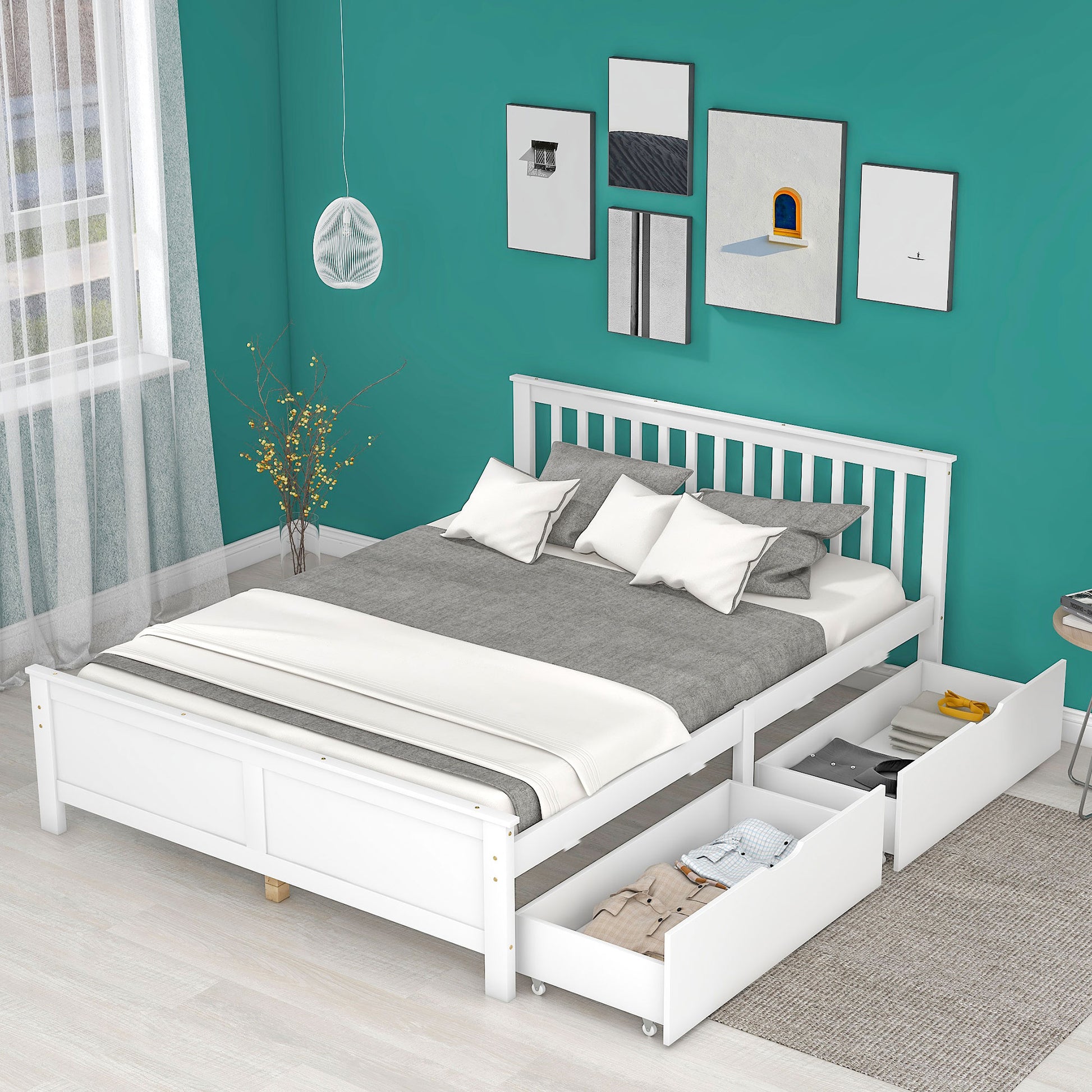 Gigab2b original image - Holzbett, Doppelbett, Jugendbett, Erwachsenenbett, mit Schubladen zur Aufbewahrung, Rahmen aus Kiefernholz, weiß (140x200cm)