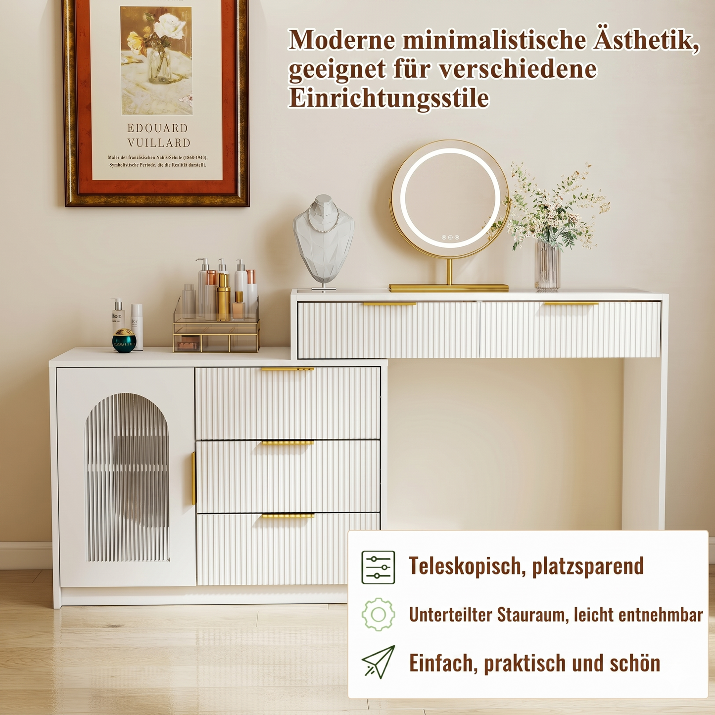 Moderner Schminktisch mit Glasplatte, Ausziehbarer Frisiertisch mit LED beleuchtetem Spiegel & Riffeloptik, Weiß,H75/B90-160/T40cm
