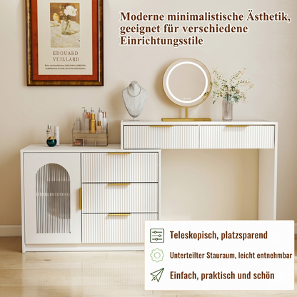 Moderner Schminktisch mit Glasplatte, Ausziehbarer Frisiertisch mit LED beleuchtetem Spiegel & Riffeloptik, Weiß,H75/B90-160/T40cm