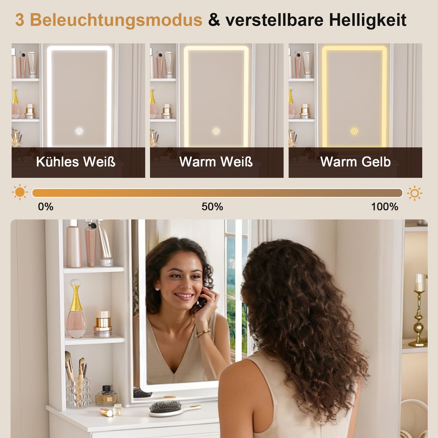 Modernes minimalistisches Schminktisch-Set mit dimmbarem LED-Spiegel – Kompakt mit verstecktem Stauraum, inkl. gepolsterter Hocker, Weiß, B60/H131.5/T36cm.