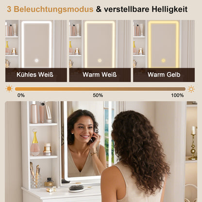 Modernes minimalistisches Schminktisch-Set mit dimmbarem LED-Spiegel – Kompakt mit verstecktem Stauraum, inkl. gepolsterter Hocker, Weiß, B60/H131.5/T36cm.