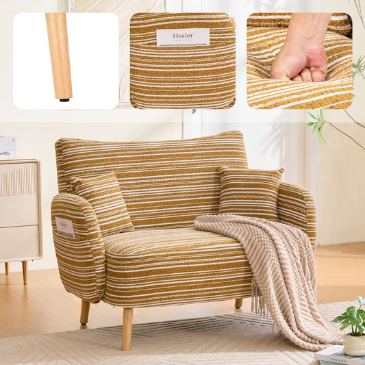 Gigab2b original image - Modernes Zweisitzer-Sofa im Stil, mit superbequemen Armlehnen, Armlehnenkissen und Aufbewahrungstasche, tiefes Zweisitzer-Sofa, komfortables modernes Sofa für Schlafzimmer(Senfgelb Bouclé)