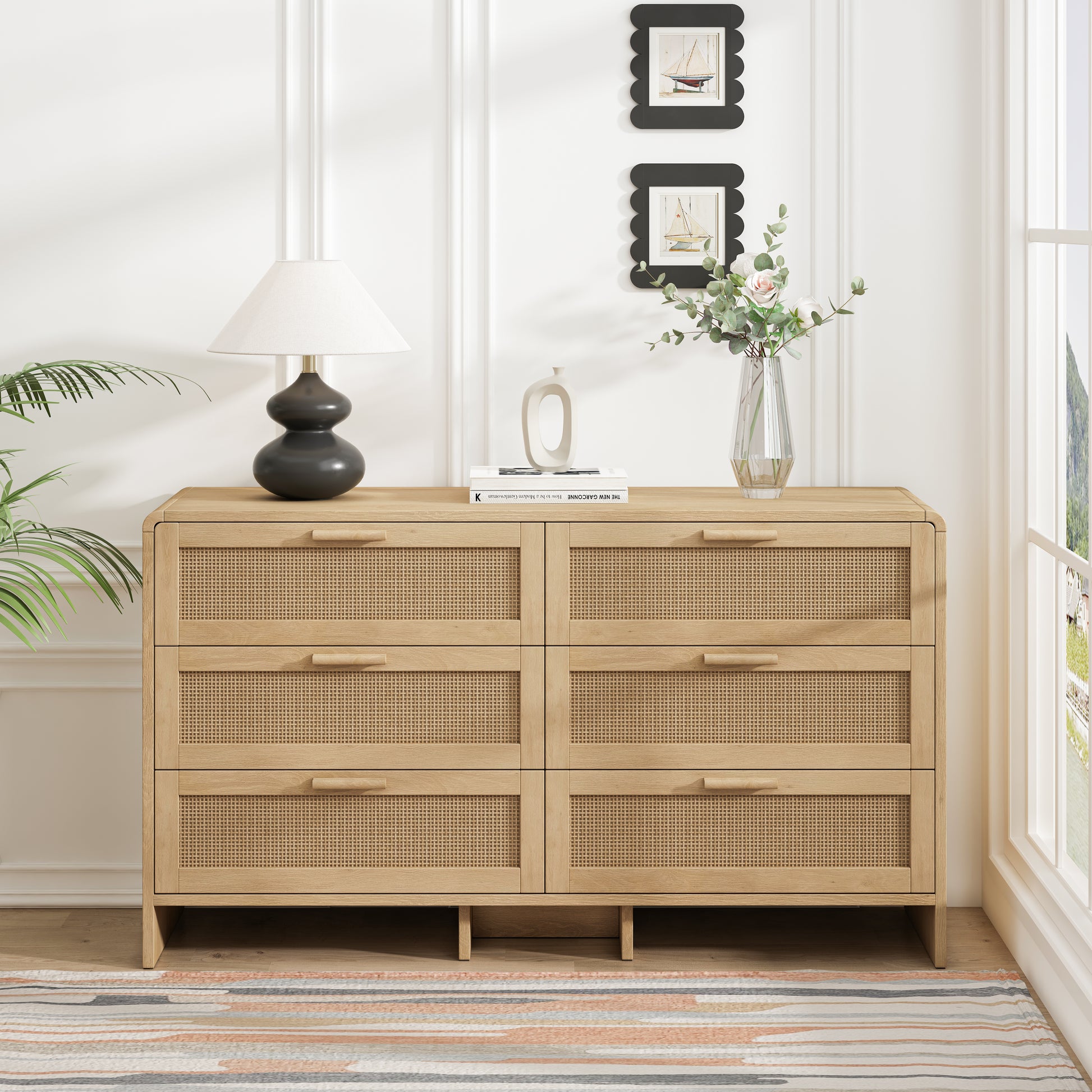 130CM Arc Shaped Corner Rattan Cabinet, 6-Drawers Rattan Storage Cabinet Rattan Drawer, for Living Room Bedroom,and Kitchen, Natural