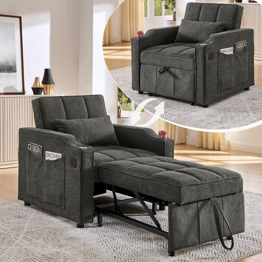 3-in-1 Schlafsessel mit USB/Type-C Anschluss, Schlafsofa (190cm) mit Edelstahl-Getränkehalter, Bettfunktion & 3-stufig verstellbarer Rückenlehne, Seitentaschen. Ideal für kleine Räume & Gäste,Gray
