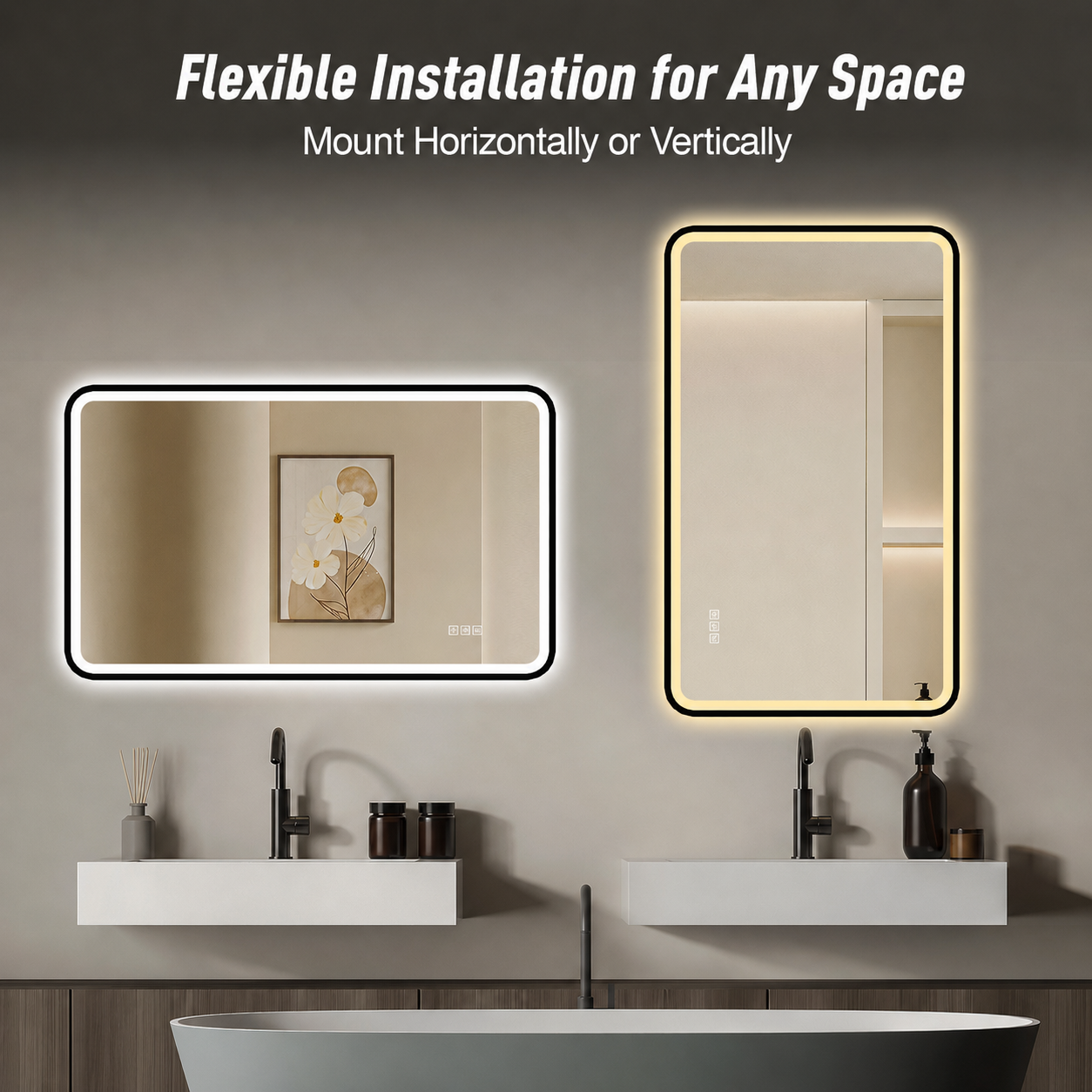 70×90cm LED Badezimmerspiegel mit schwarzem Aluminiumrahmen, Front- & Hintergrundbeleuchtung, Anti-Beschlag, 3 Lichtfarben, dimmbar, Memory-Funktion, horizontal & vertikal montierbar, IP44 wasserdich