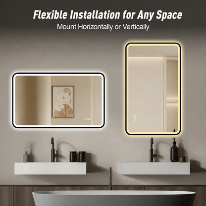 70×90cm LED Badezimmerspiegel mit schwarzem Aluminiumrahmen, Front- & Hintergrundbeleuchtung, Anti-Beschlag, 3 Lichtfarben, dimmbar, Memory-Funktion, horizontal & vertikal montierbar, IP44 wasserdich
