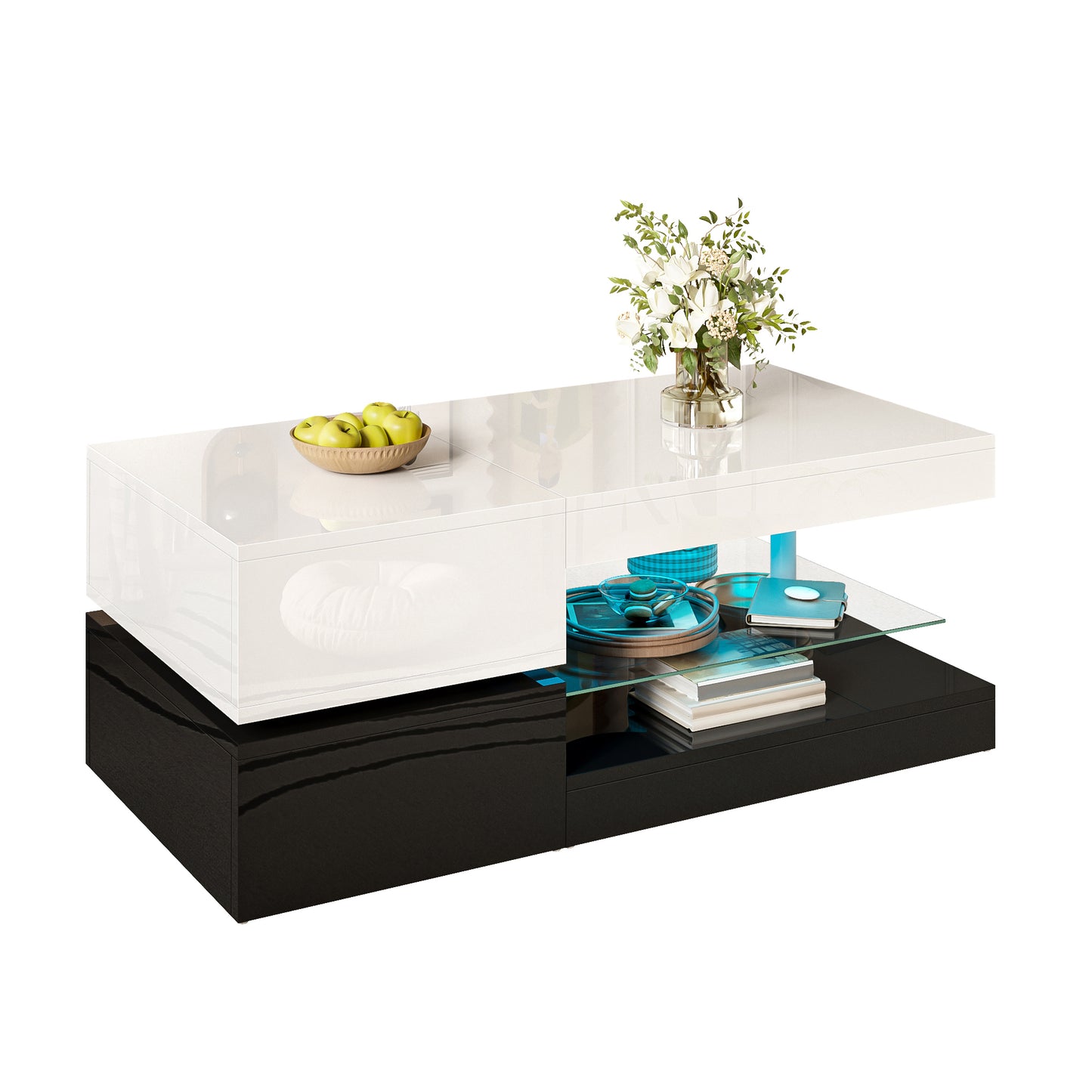 Gigab2b original image - Moderner Couchtisch mit LED-Ambientebeleuchtung, APP- und Bluetooth-Steuerung, Glasablage & Hochglanz-Oberfläche, Schwarz-Weiß-Design für Wohnzimmer, 90x45x35,5 cm