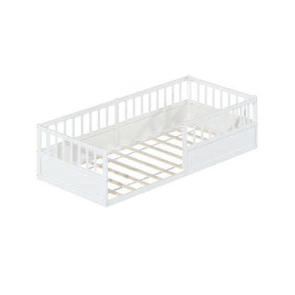 Solid Wood Montessori Floor Bed with Safety Railing and Slatted Frame