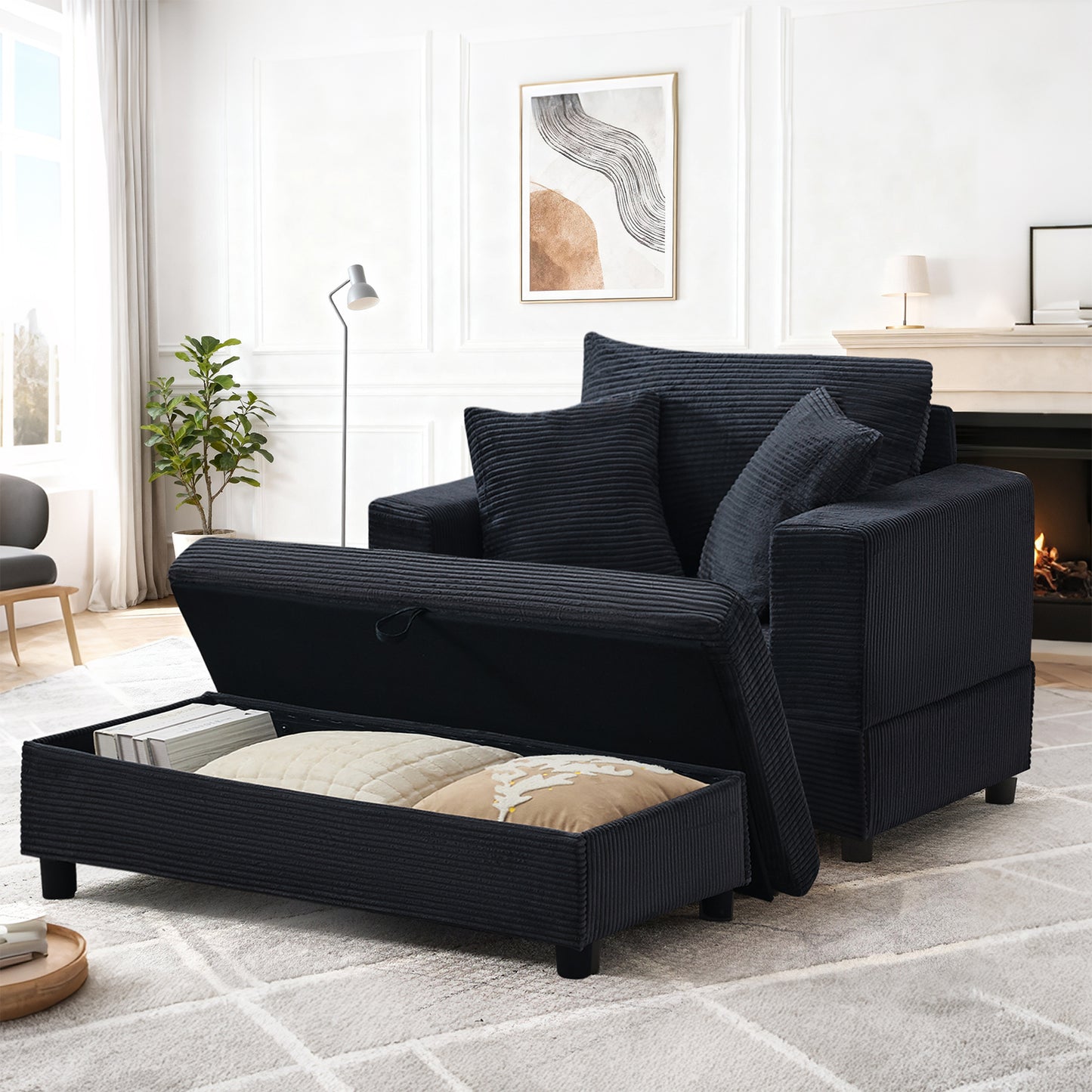 Chaiselongue mit Fußablage & Stauraum, Lounge-Sofa mit 3 Kissen für Wohnzimmer & Schlafzimmer – Schwarz