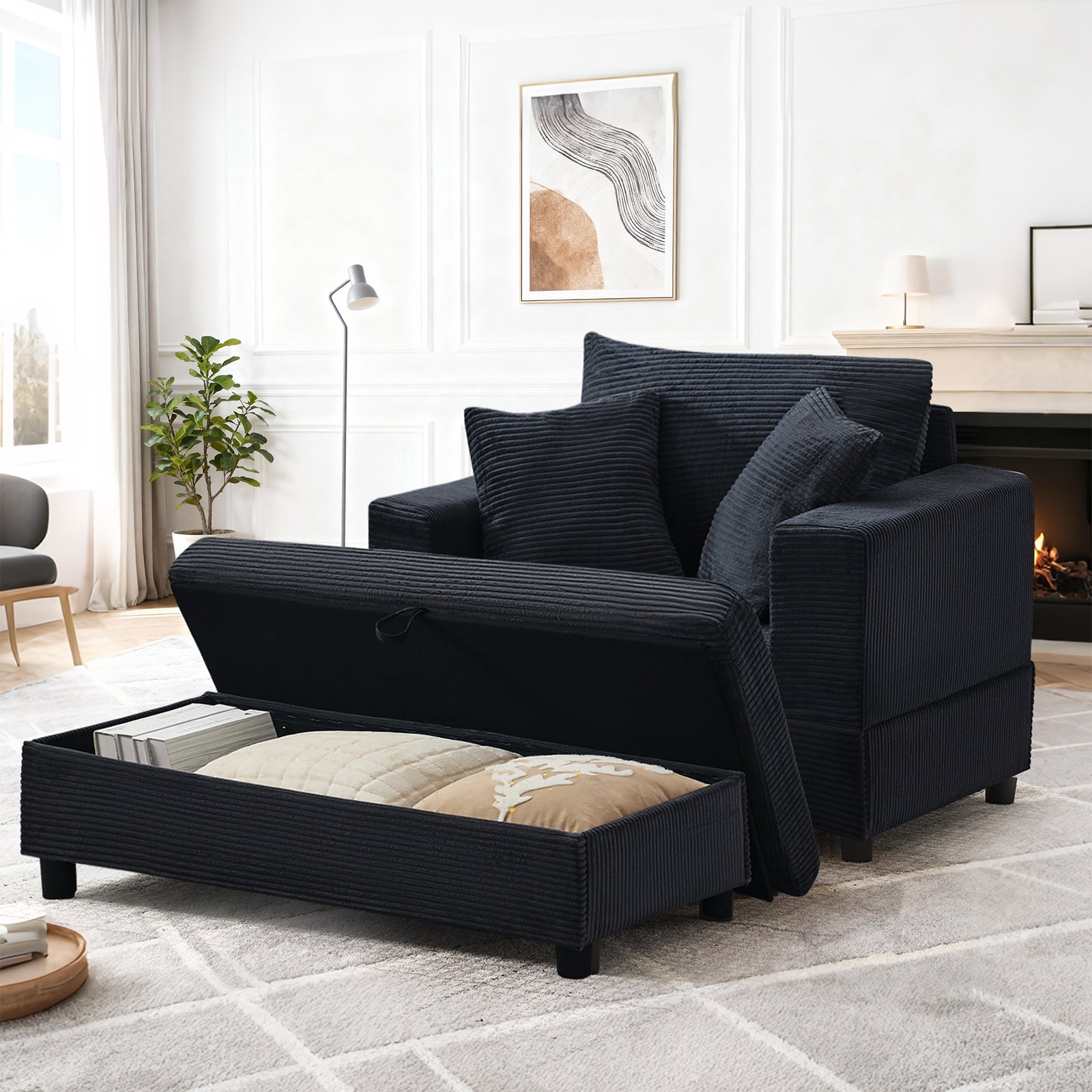 Chaiselongue mit Fußablage & Stauraum, Lounge-Sofa mit 3 Kissen für Wohnzimmer & Schlafzimmer – Schwarz