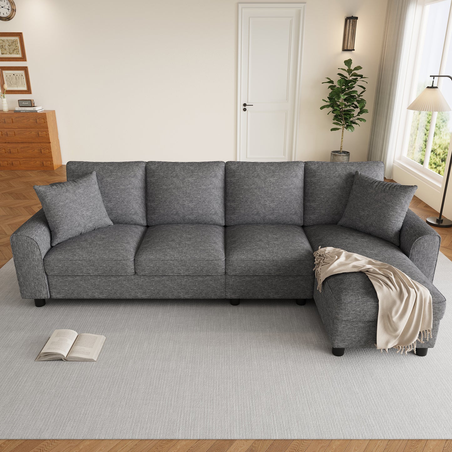 Modernes Chenille L-Form Sofa 3-Sitzer + Chaiselongue Ecksofa, Chaiselongue mit aufklappbarem Stauraum, klappbare Rückenlehne mit Getränkehaltern, multifunktionales modulares Sofa, Grau, 280×136×82cm