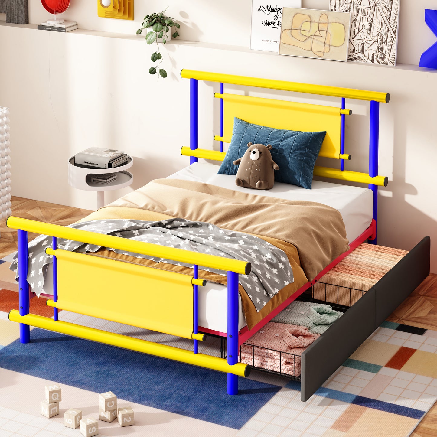 Gigab2b original image - Metallbettgestell für Kinder 90*200  mit Schubladen, Metall-Plattformbett in leuchtenden Farben, robuste Stahlkonstruktion, Platzsparendes Einzelbett für Jungen und Mädchenzimmer