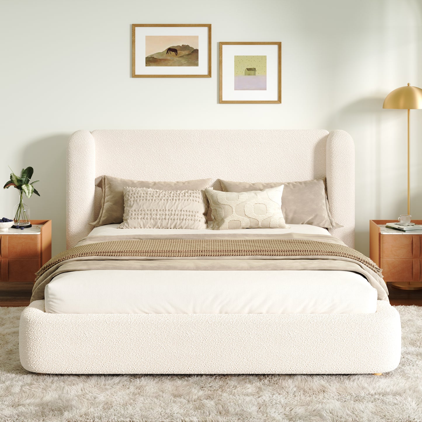 Polsterbett,Doppelbett,hydraulisches Funktionsbett,Bett mit Lattenrost, Kopfteil und  großem Stauraum, gepolstertes Kopfteil, Beige Bouclé, 180 x 200