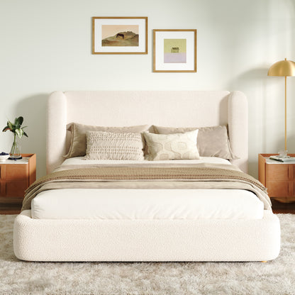 Polsterbett,Doppelbett,hydraulisches Funktionsbett,Bett mit Lattenrost, Kopfteil und  großem Stauraum, gepolstertes Kopfteil, Beige Bouclé, 180 x 200