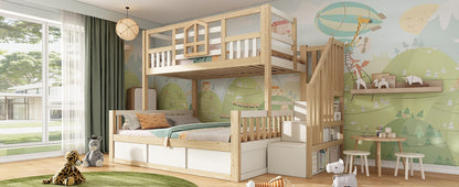 Children's Bunk Bed with Window and Safety Railing in White & Natural Wood