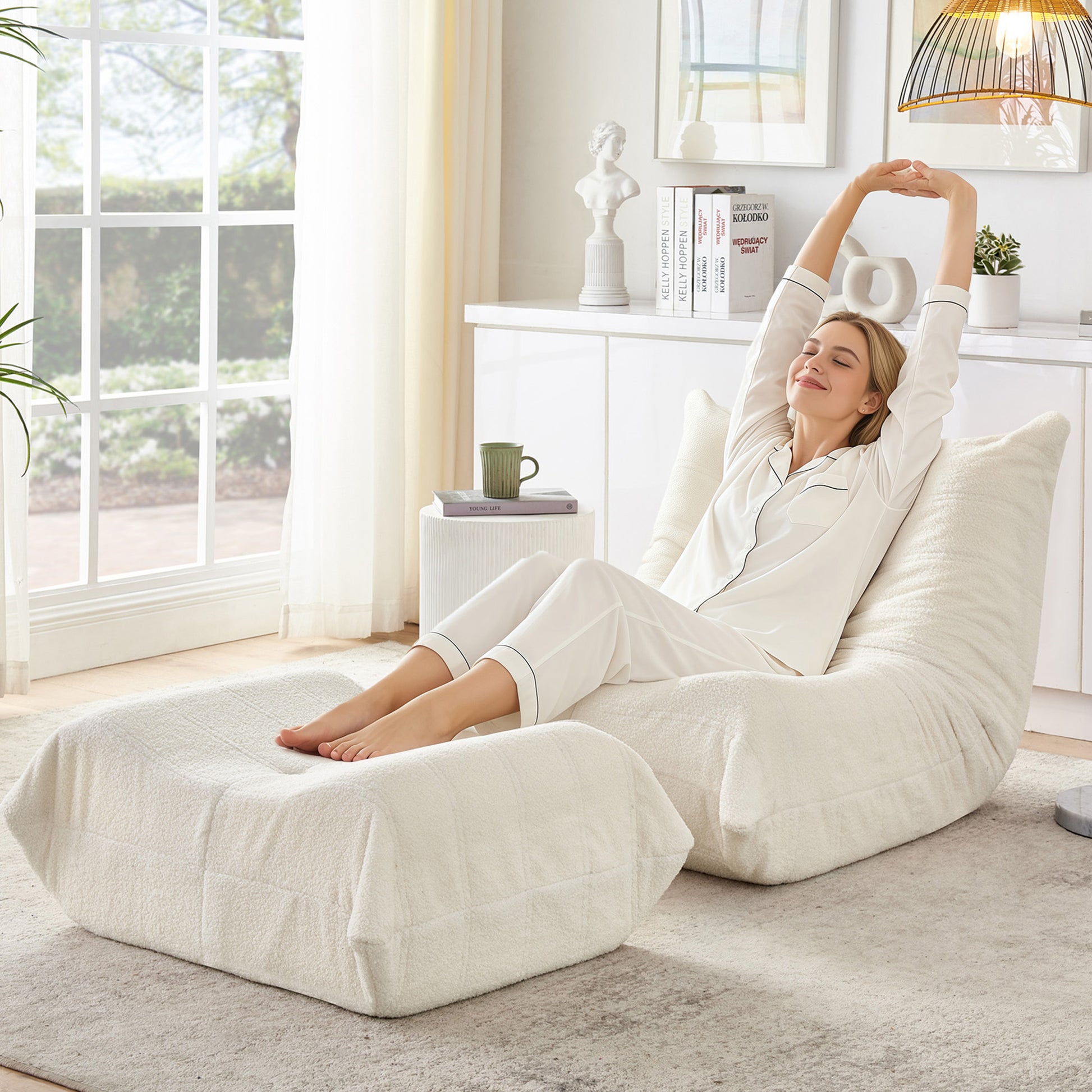 Gigab2b original image - Lazy Sofa mit Rückenlehne und Fußhocker, Relaxsessel, Weicher Teddyfell-Bohnensack-Bodenlesesessel, Bequemer Einzel-Bodensofa für Wohnzimmer, Schlafzimmer, Arbeitszimmer, Apartment, Beige