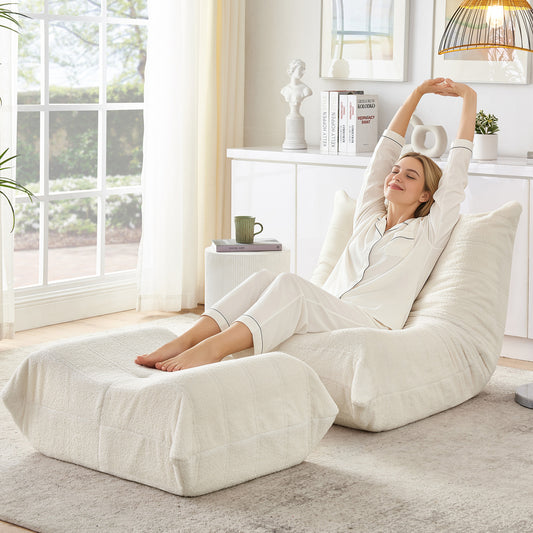Gigab2b original image - Lazy Sofa mit Rückenlehne und Fußhocker, Relaxsessel, Weicher Teddyfell-Bohnensack-Bodenlesesessel, Bequemer Einzel-Bodensofa für Wohnzimmer, Schlafzimmer, Arbeitszimmer, Apartment, Beige