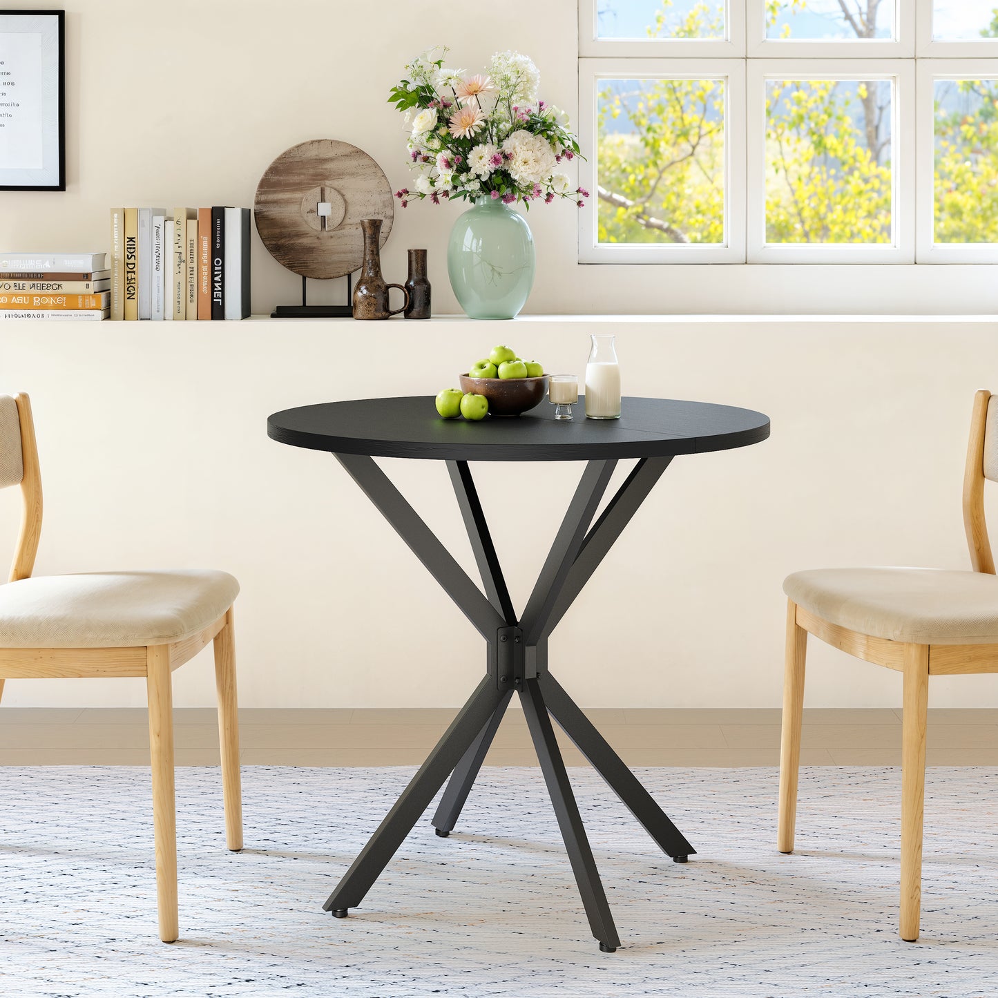 Runder Tisch mit X-Beinen, 80 cm - Küchen- und Esstisch für Homeoffice, Balkon oder als Couchtisch - Schwarz