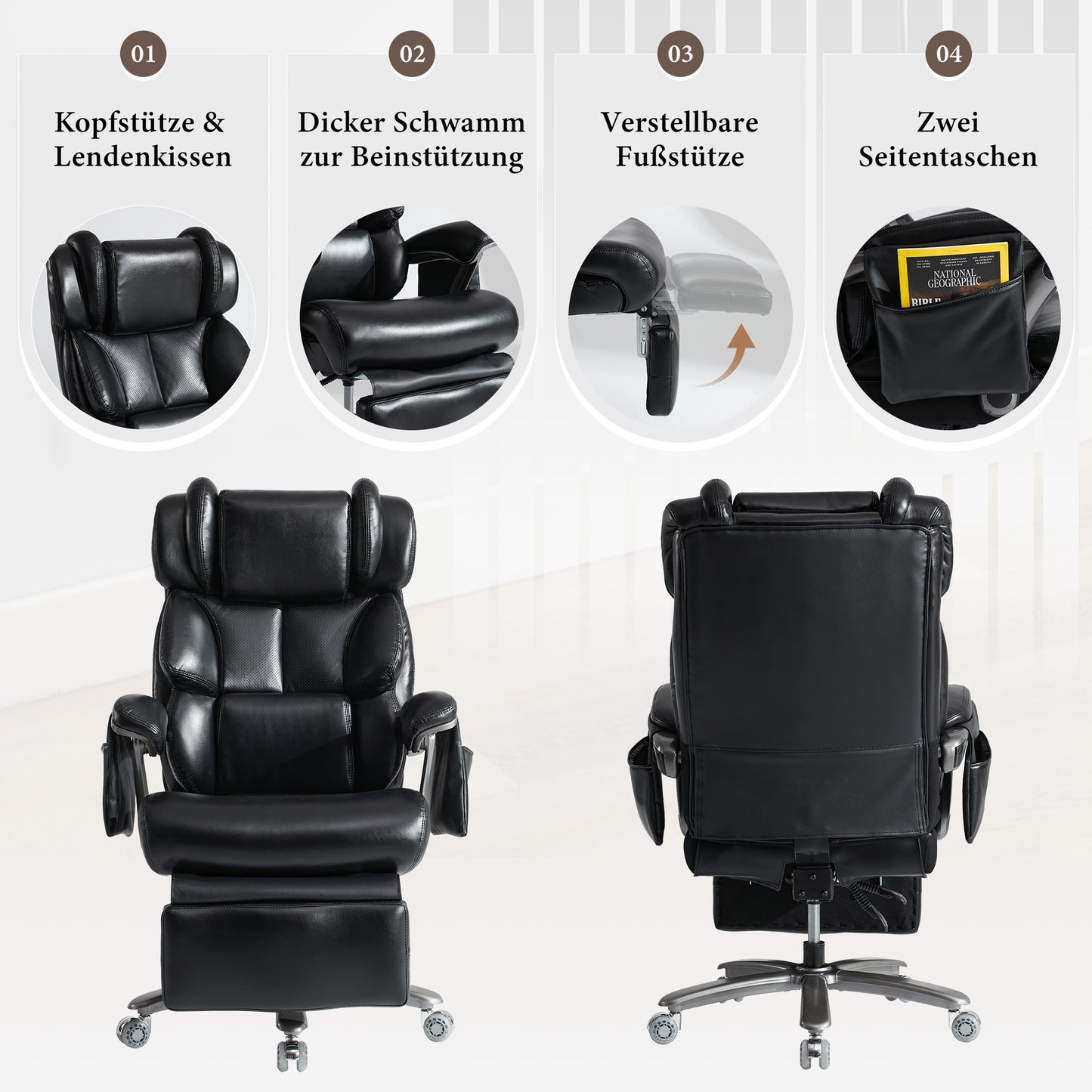 002-XXL Ergonomischer Bürostuhl, komfortabler Chefsessel mit Massage- und Heizfunktion, PU-Leder, Fußstütze, drehbar, verstellbare Rückenlehne, bis 150 kg, für Büro und Home Office (Schwarz)