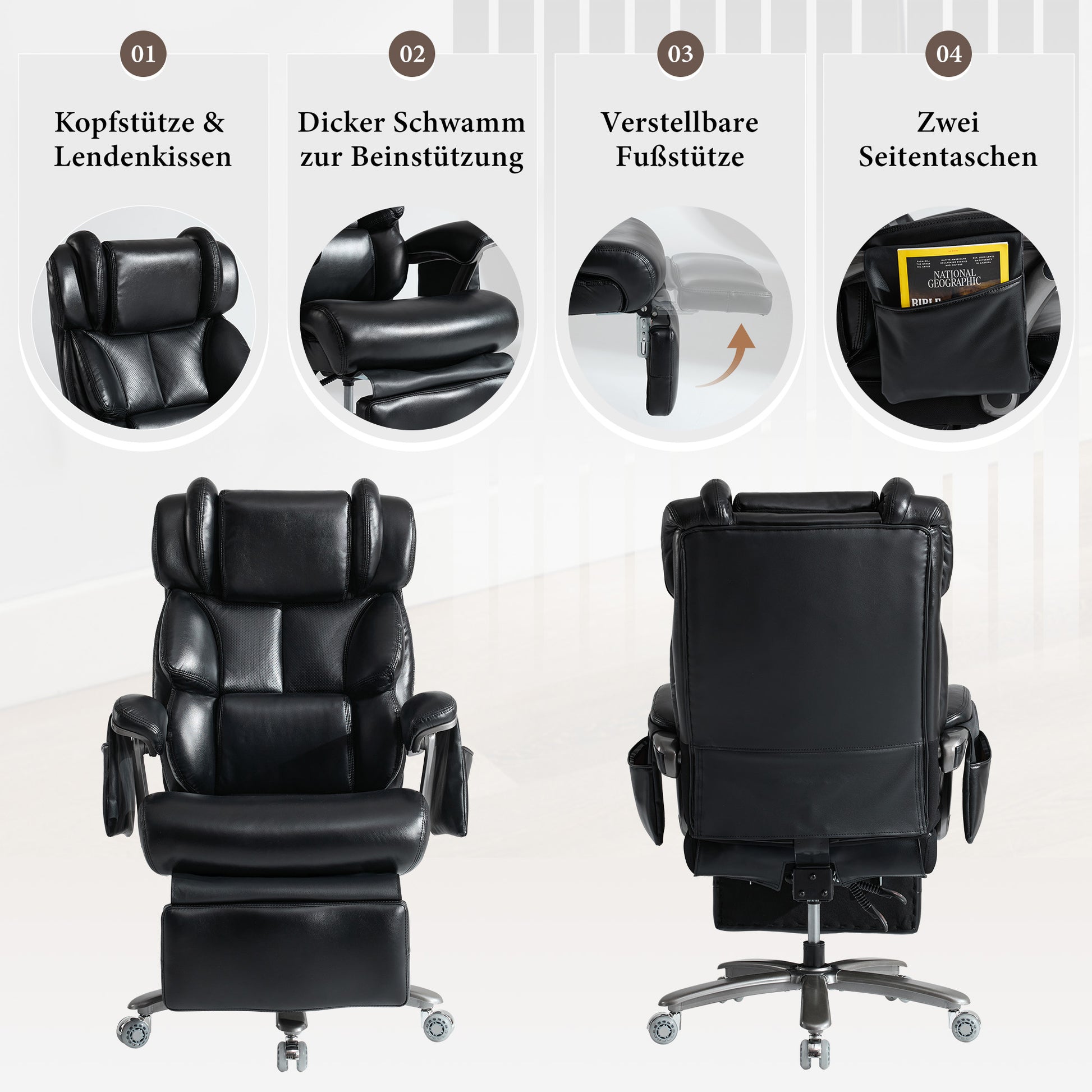 002-XXL Ergonomischer Bürostuhl, komfortabler Chefsessel mit Massage- und Heizfunktion, PU-Leder, Fußstütze, drehbar, verstellbare Rückenlehne, bis 150 kg, für Büro und Home Office (Schwarz)