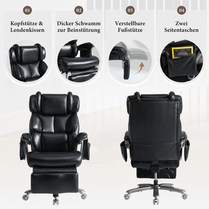 002-XXL Ergonomischer Bürostuhl, komfortabler Chefsessel mit Massage- und Heizfunktion, PU-Leder, Fußstütze, drehbar, verstellbare Rückenlehne, bis 150 kg, für Büro und Home Office (Schwarz)