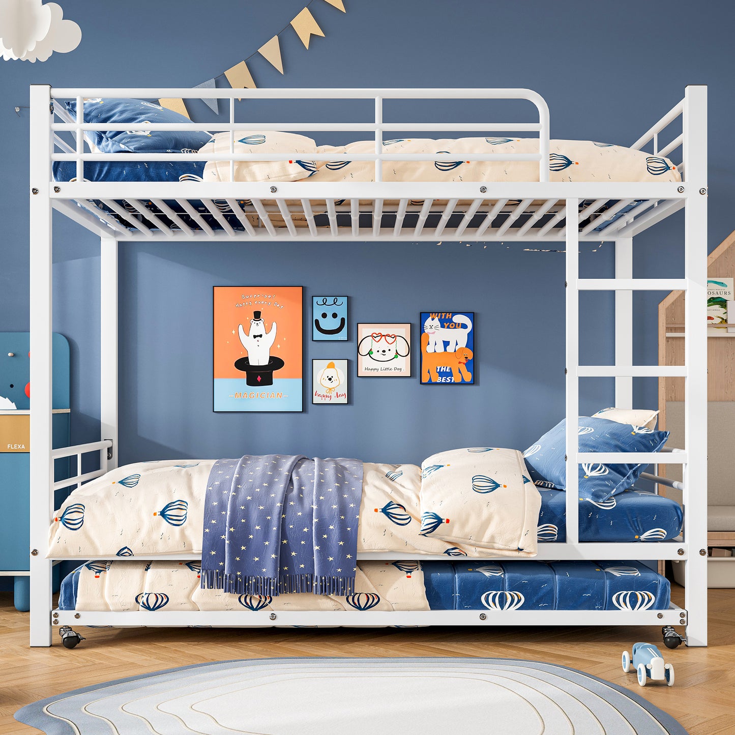 Gigab2b original image - Eisenbett, Etagenbett, Geeignet für Kinder und Jugendliche, mit Ausziehbett, vier Seitengitter am oberen Bett, Eisen, Weiß, 90x200cm&90x190cm