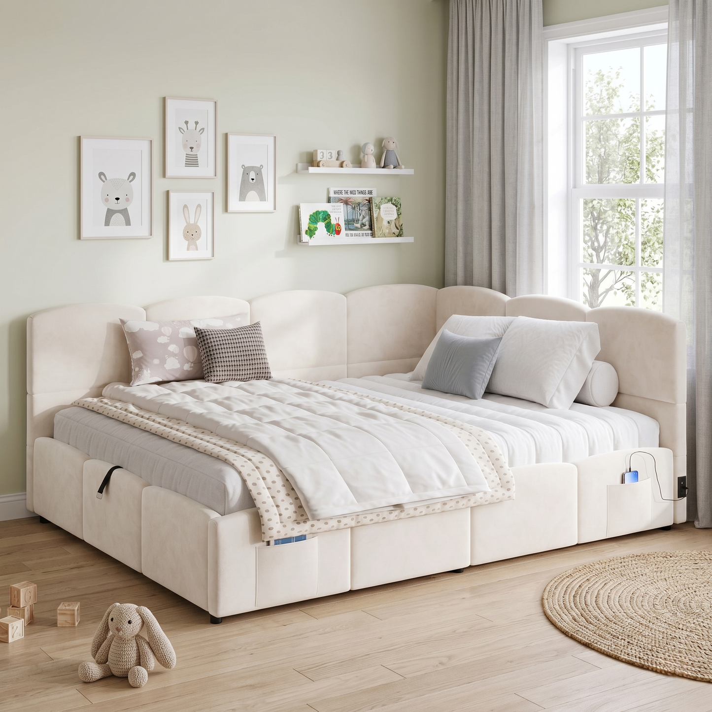 Polsterbett,Kinderbett, Daybett, Stauraumbett, Schlafsofa 140x190 cm, mit Lattenrost, USB-Ladegerät, Stautasche, Jugendbett und Erwachsenen-Kinderbett,Samt, beige (ohne Matratze)