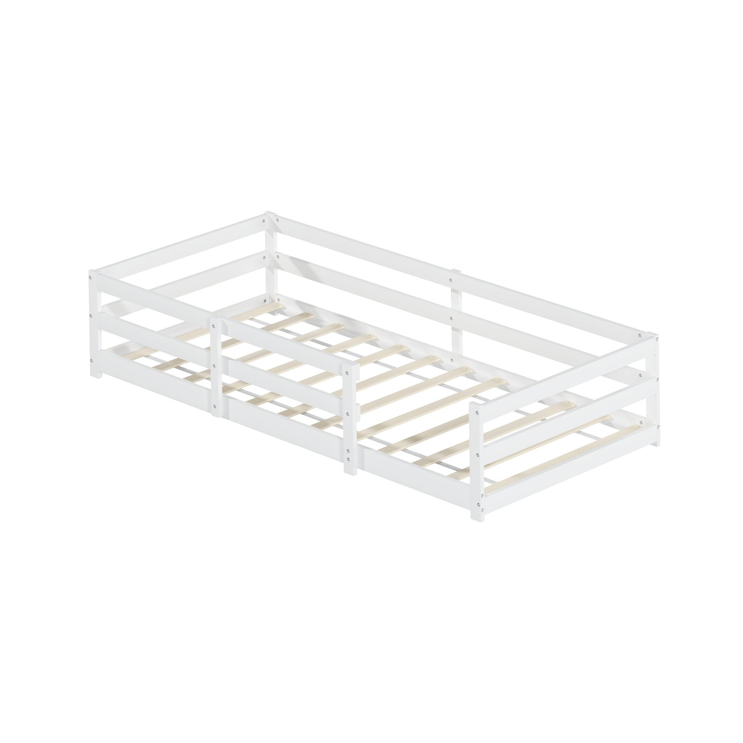 Montessori Bodenbett mit Schutzgitter – Flaches Bett ohne Boxspring nötig, aus Kiefernholz, schnell montiert (90x200 cm, weiß)
