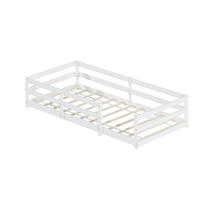 Montessori Bodenbett mit Schutzgitter – Flaches Bett ohne Boxspring nötig, aus Kiefernholz, schnell montiert (90x200 cm, weiß)