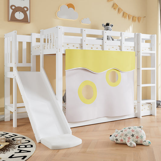 Gigab2b original image - Etagenbett, Holzbett mit Treppe und Zäune, mit Bettvorhang, Rutsche, Kinderbett mit Fallschutz und Gitter, MDF+Kiefer, Weiß, 90x200cm