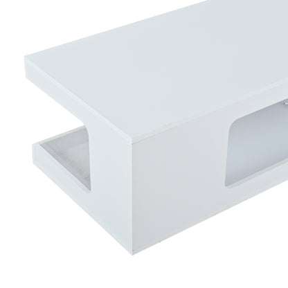 Wohnzimmer-Couchtisch 50*100*35cm, durchbrochener Teetisch, großer Hochglanz-kaffeetisch mit Ablageflächen aus gehärtetem Glas auf beiden Seiten, Beistelltisch mit LED-Lichtleiste, weiß, Spanplatte.