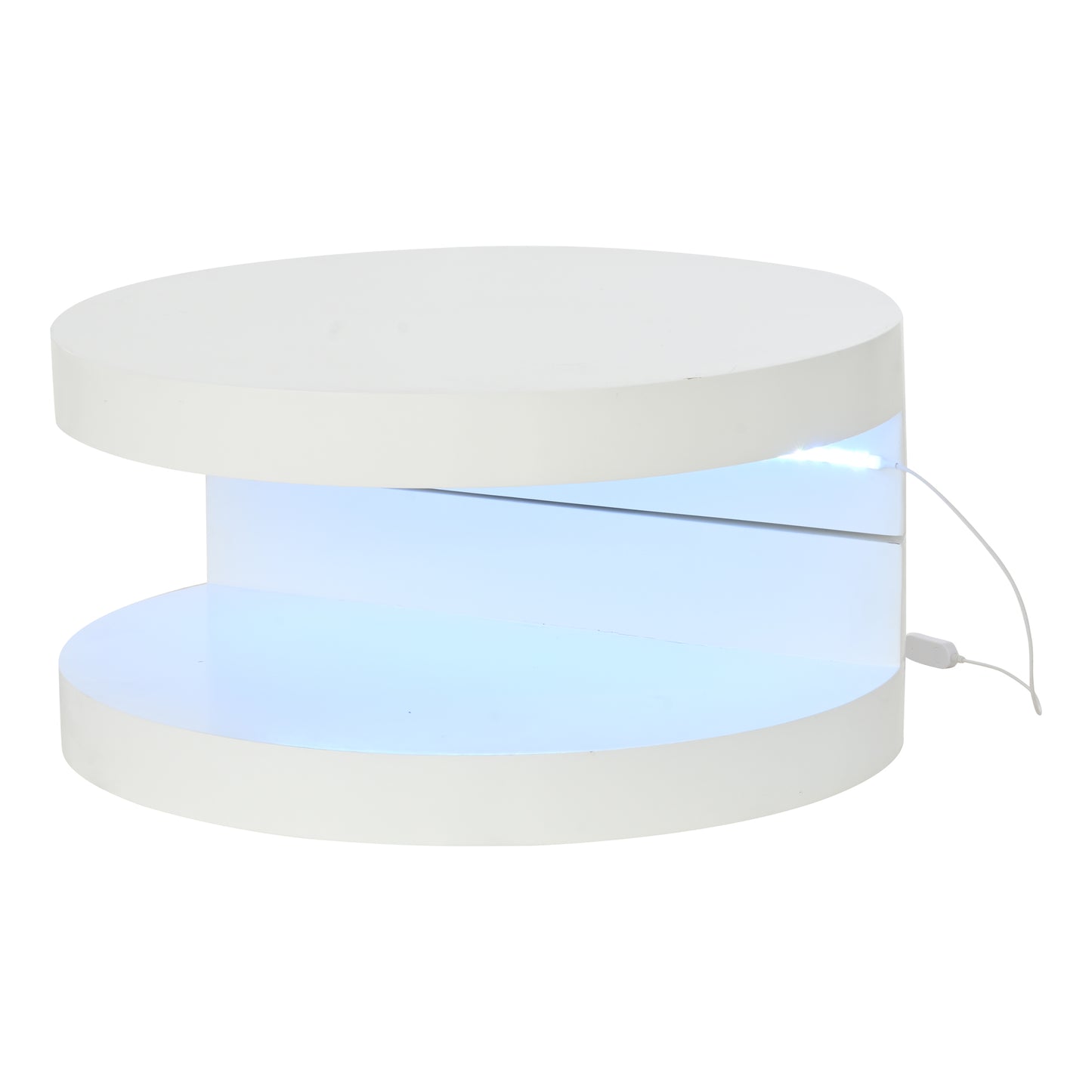 N625P300074W 70*70*35.5cm Couchtisch, Obere Tischplatte 360° frei drehbar, Drehbarer Sofatisch mit LED-Lichtleiste, Zylindrischer Wohnzimmertisch aus MDF, belastbar bis 30 kg, 2-Schicht-Aufbau,Weiß