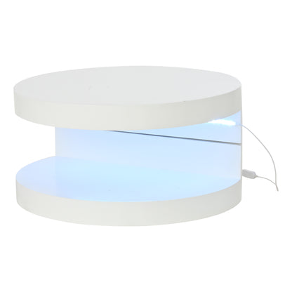 N625P300074W 70*70*35.5cm Couchtisch, Obere Tischplatte 360° frei drehbar, Drehbarer Sofatisch mit LED-Lichtleiste, Zylindrischer Wohnzimmertisch aus MDF, belastbar bis 30 kg, 2-Schicht-Aufbau,Weiß