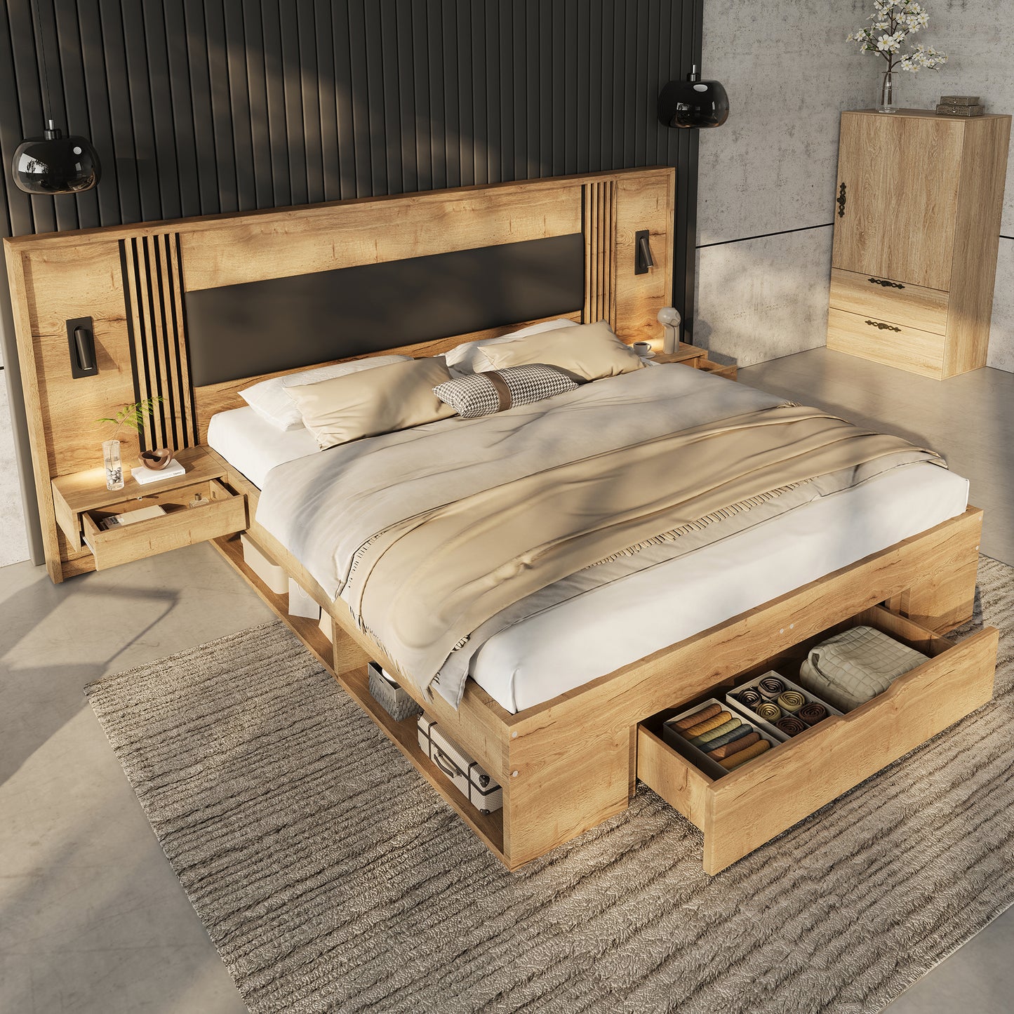Doppelbett 180 200cm, Stauraumbett, holzbett, Jugendbett, mit Leselampe, mit 2 Nachttische, mit Schubladen,