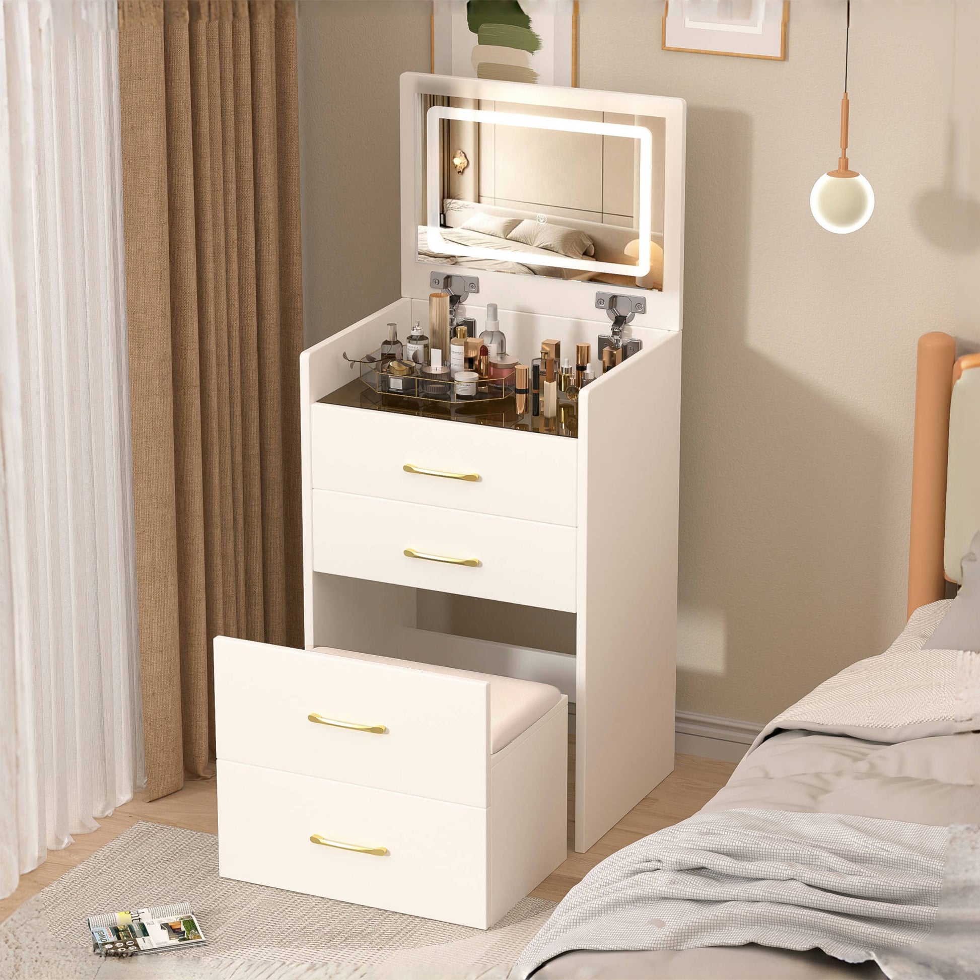 3-in-1-Schminktisch mit offenem Spiegel, kleines Schminktisch-Set mit Tischplatte aus Klarglas, kompakter Schminktisch mit 3 Schubladen, Schlafzimmer-Schminktisch,Maße:B60/H118/T40 cm.