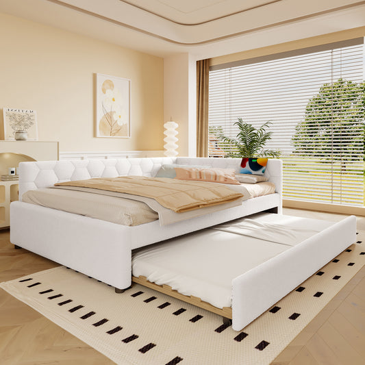 Daybett, 140*200cm Tagesbett, Schlafsofa, Bett mit Lattenrost (ohne Matratze), mit Nachttischlampe, mit multifunktionalem Ausziehbett, USB-Anschluss, Typ-C, Komfortmaterial, Vliesimitat, Weiß