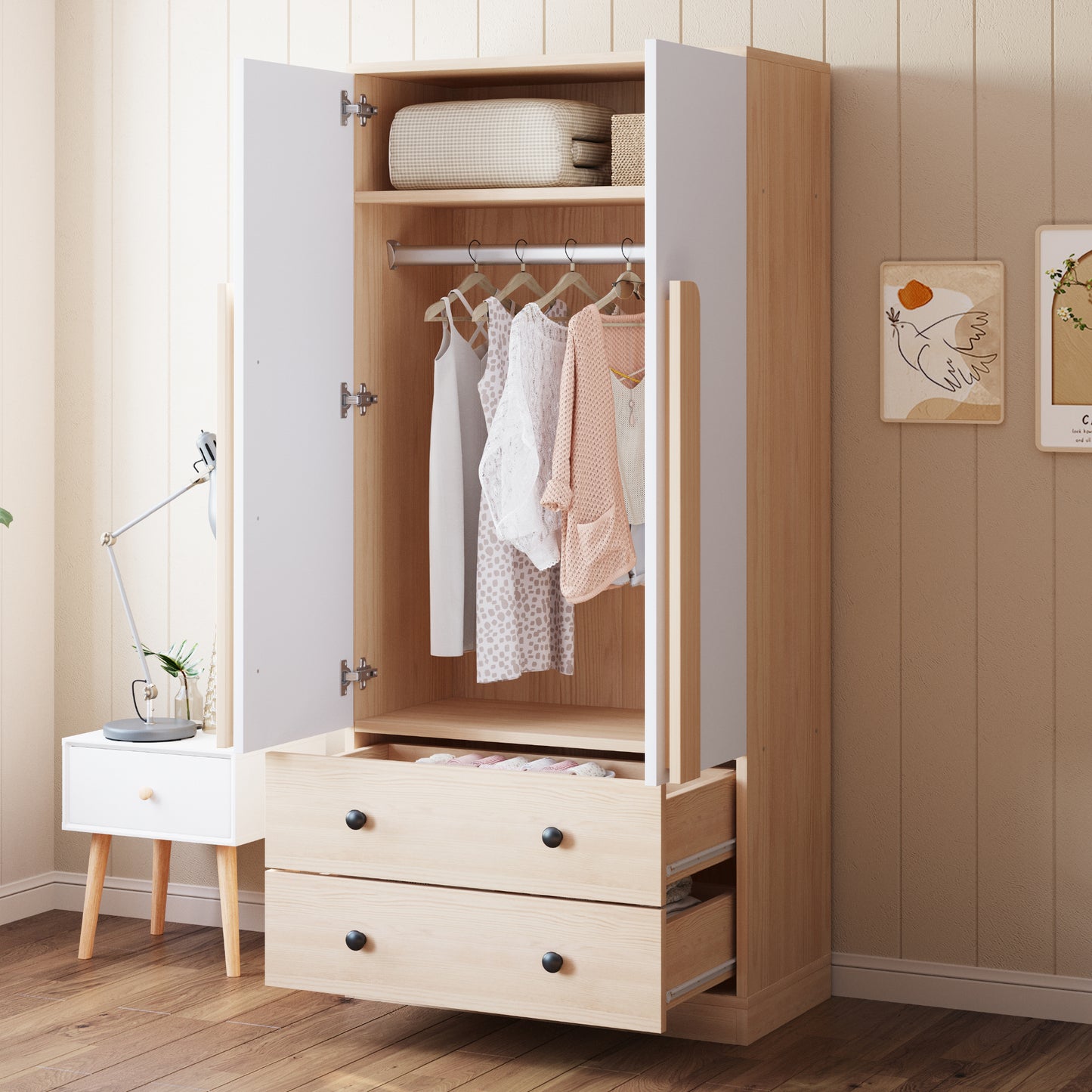 Gigab2b original image - Kleiderschrank 70*40*170cm, Doppeltüren-Design, mit Schubladen und Ablagefächern, Holzfarbe+Weiß (Alte SKU: LDB00307AAN)