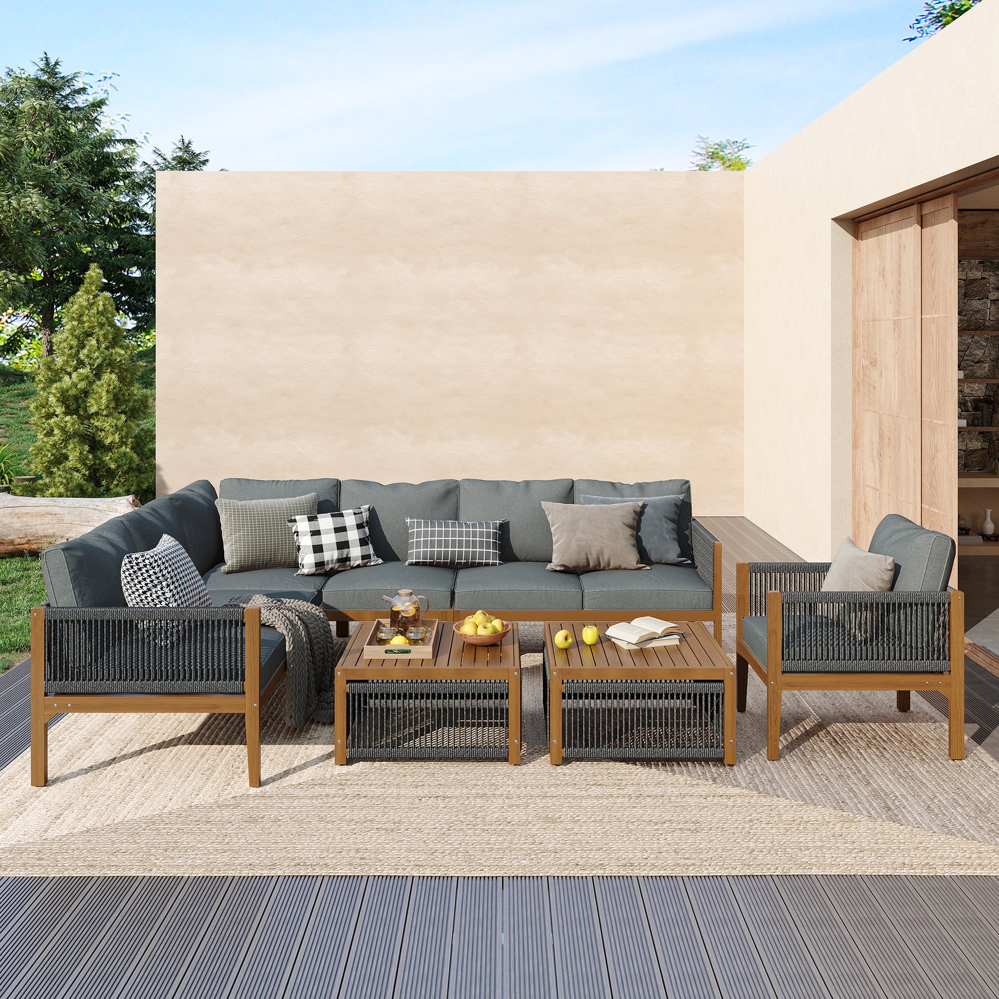 Gigab2b original image - Sitzgruppe Gartengarnitur, Gartenlounge Set für 7-8 Personen.Gartenmöbel Set mit Sofa, Tisch& Kissen,abnehmbarer und waschbarer Stoffbezug, Natural & Grau