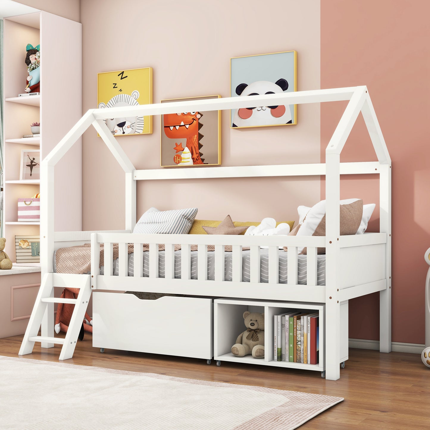 Gigab2b original image - Hausbett Kinderbett Jugendbett 200x90 Mit Schubladen und Ablagefächern  Geeignet für Jungen und Mädchen  Mit Anti-Drop-Geländer, Weiß,[OLD SKU:3226867AAW]