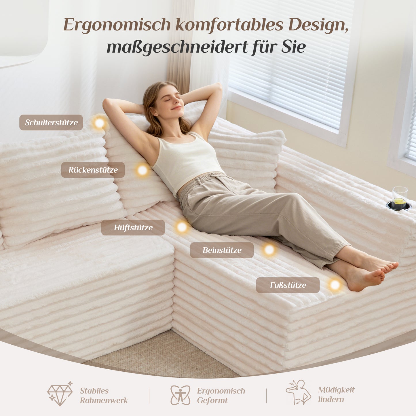 U-förmiges Cord-Sofa mit Getränkehaltern und Seitentaschen, Federkernpolsterung, 4 Rückenkissen und 2 Zierkissen. Ergonomisch geformt für angenehmes langes Sitzen – ideal für Wohnung und Wohnzimmer.