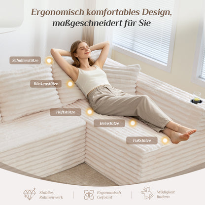 U-förmiges Cord-Sofa mit Getränkehaltern und Seitentaschen, Federkernpolsterung, 4 Rückenkissen und 2 Zierkissen. Ergonomisch geformt für angenehmes langes Sitzen – ideal für Wohnung und Wohnzimmer.