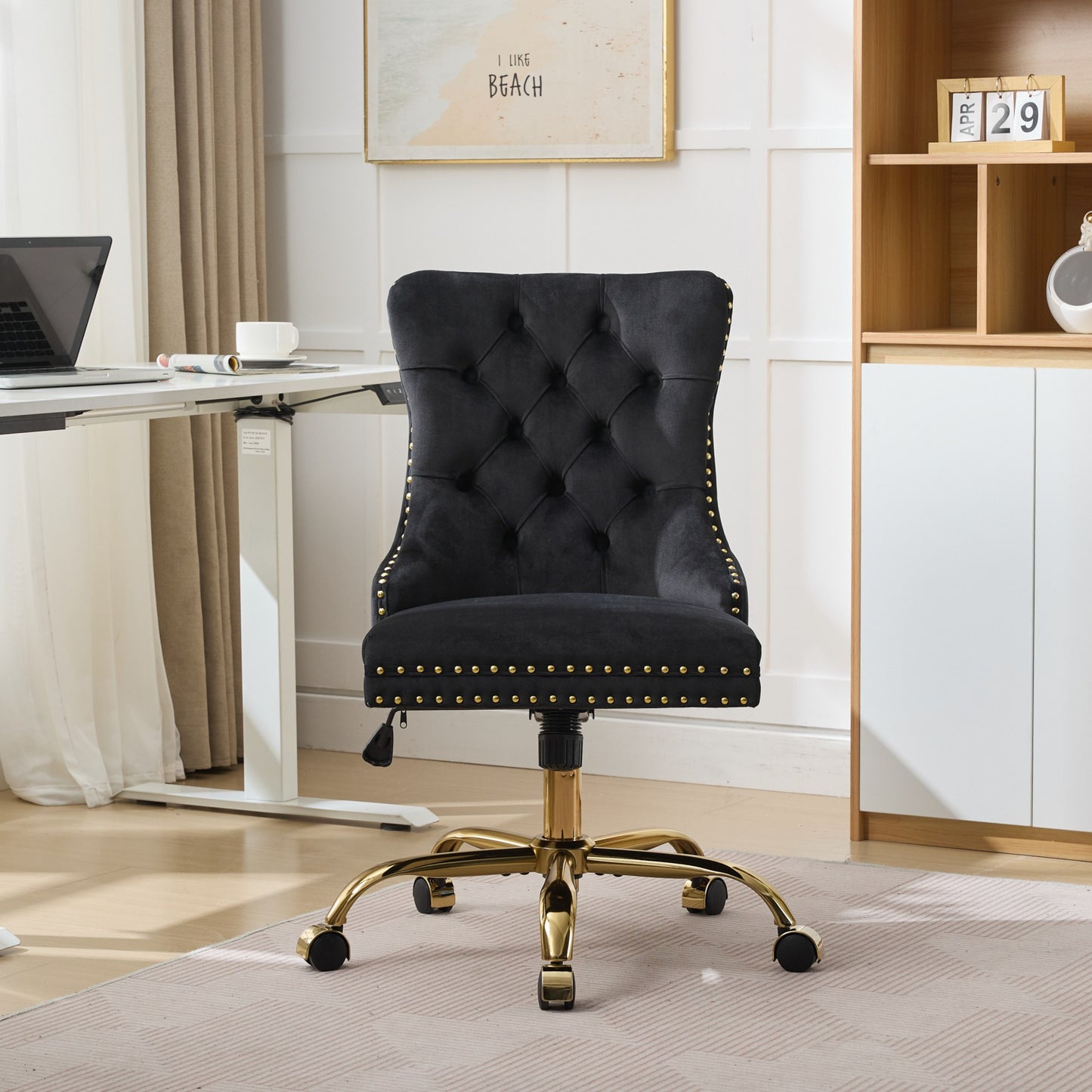 Gigab2b original image - Home Office Chair,Modern Velvet Upholstered Tufted Button Home Office Chair with Golden Metal Base,Adjustable Desk Chair Swivel Office Chair (Black),DE1923BK