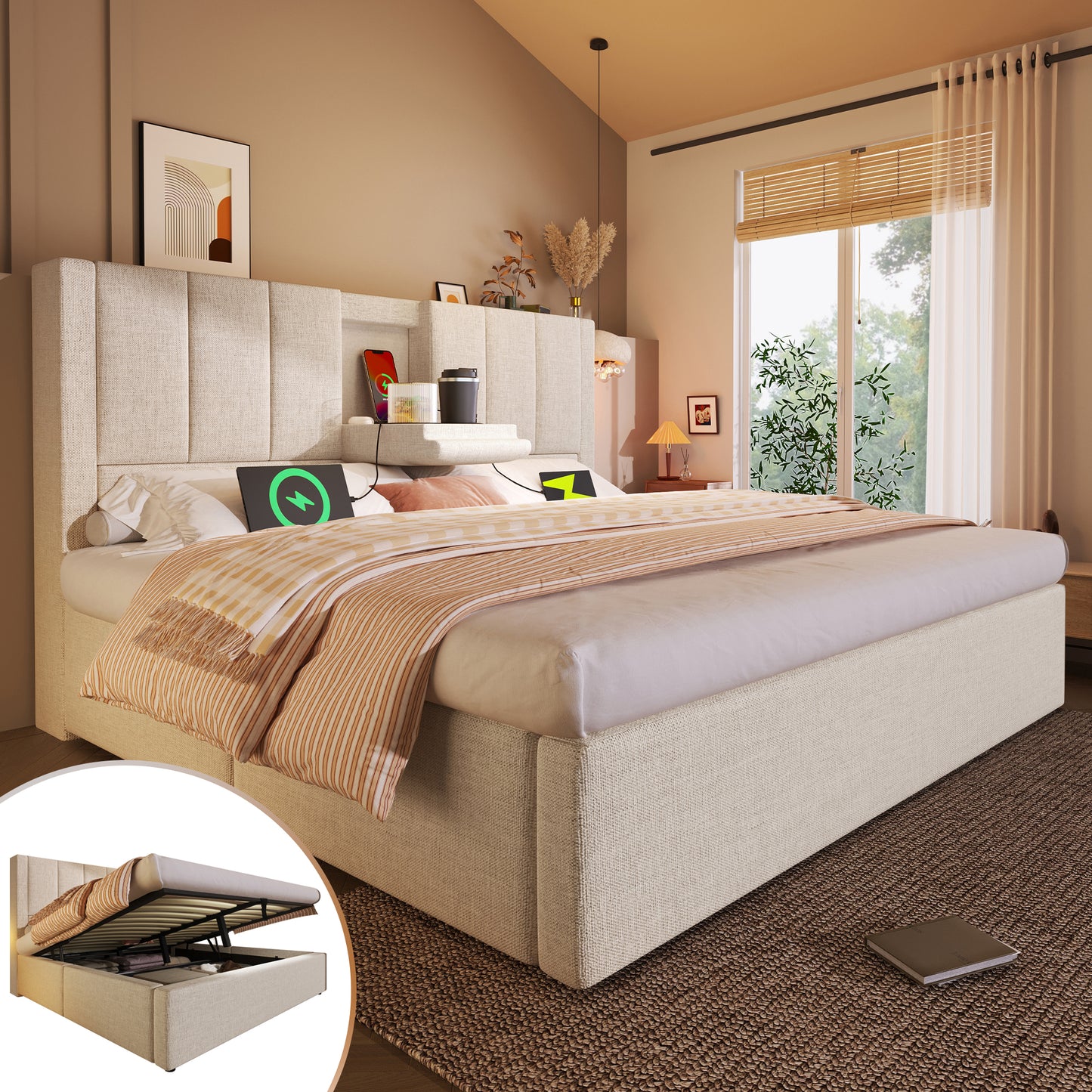 Gigab2b original image - Polsterbett 180x200 cm Doppelbett mit verstecktem Becherhalter & Ladestation, Hydraulisches Bett mit Stauraum unter dem Bett, Inkl. Lattenrost, Leinen Beige (Ohne Matratze)