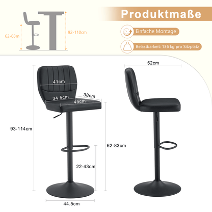 Barhocker höhenverstellbar 62-83cm, 360° drehbarer Barstuhl mit Rückenlehne & Fußstütze, Ergonomischer Küchenhocker aus Kunstleder, belastbar bis 136kg, Schwarz