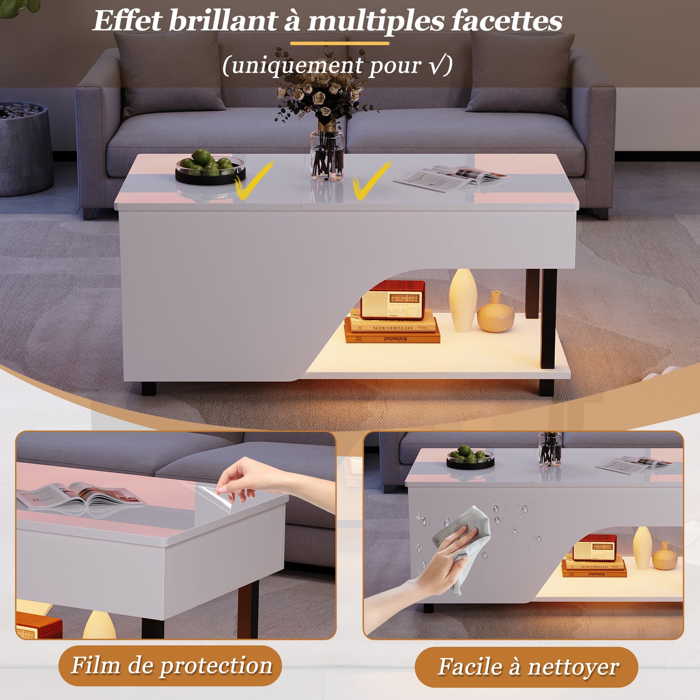 50 x 100 x 46 cm höhenverstellbarer Wohnzimmer-Couchtisch,Beistelltisch mit verstecktem Stauraum,Durchbrochener kaffetisch,Hochglänzender LED-Sofatisch,Teetisch mit seitlicher Ablage,Weiß