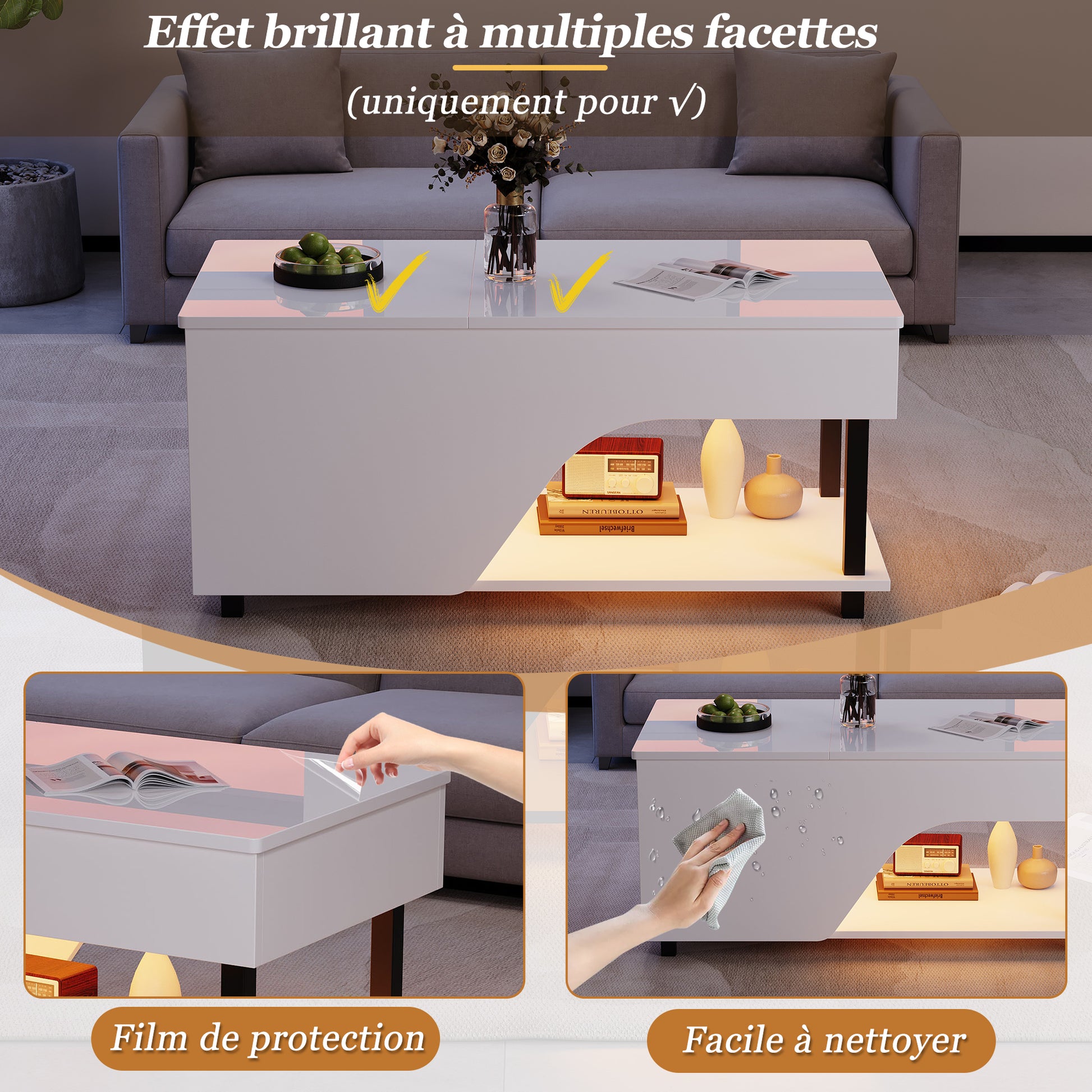 50 x 100 x 46 cm höhenverstellbarer Wohnzimmer-Couchtisch,Beistelltisch mit verstecktem Stauraum,Durchbrochener kaffetisch,Hochglänzender LED-Sofatisch,Teetisch mit seitlicher Ablage,Weiß