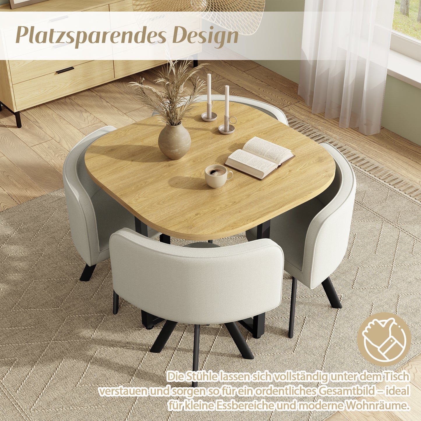 Esstisch und Stuhlset fur 4 Personen,bestehend aus einem Esstisch 85 x 85 cm und vier mit Leinen bezogenen